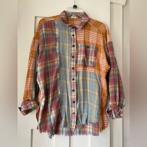 Easel Orange Red and Blue Casual Flannel Shirt with Patchwork Design